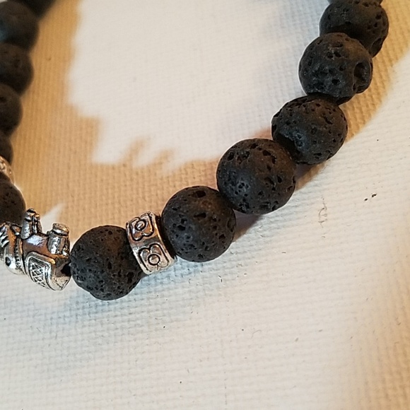 Porous Black Beads w Silver Elephant 9" Stretch. - Picture 2 of 2